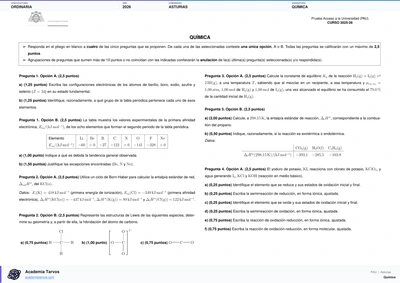 Vista previa de Examen PAU de Química de Asturias 2026 – Ordinaria