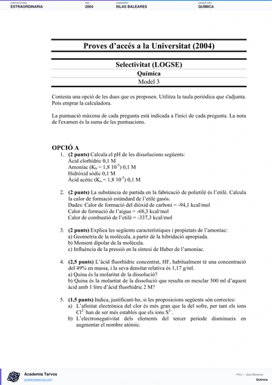Vista previa de Examen PAU de Química de Illes Balears 2004 – Extraordinaria