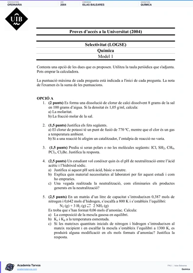 Vista previa de Examen PAU de Química de Illes Balears 2004 – Ordinaria