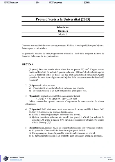 Vista previa de Examen PAU de Química de Illes Balears 2005 – Extraordinaria