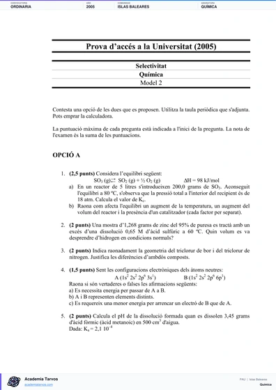Vista previa de Examen PAU de Química de Illes Balears 2005 – Ordinaria