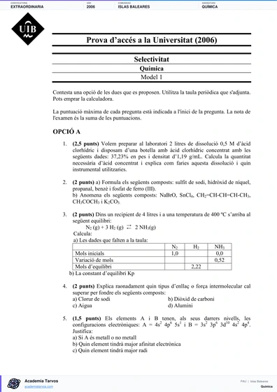 Vista previa de Examen PAU de Química de Illes Balears 2006 – Extraordinaria