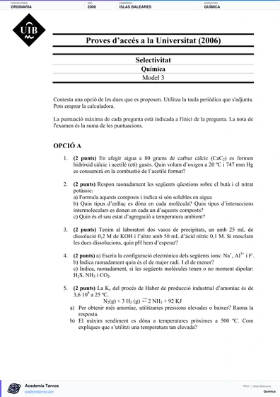 Vista previa de Examen PAU de Química de Illes Balears 2006 – Ordinaria
