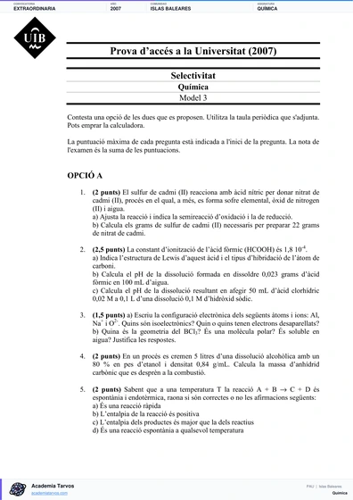 Vista previa de Examen PAU de Química de Illes Balears 2007 – Extraordinaria