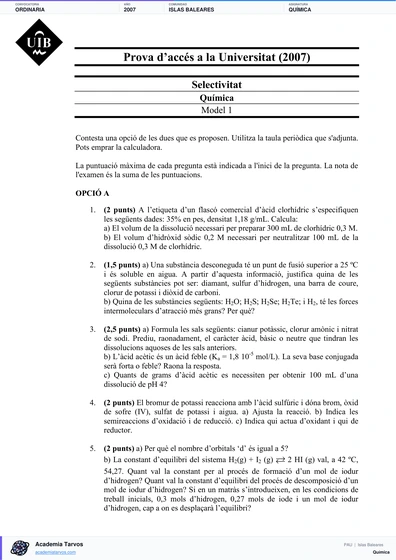 Vista previa de Examen PAU de Química de Illes Balears 2007 – Ordinaria