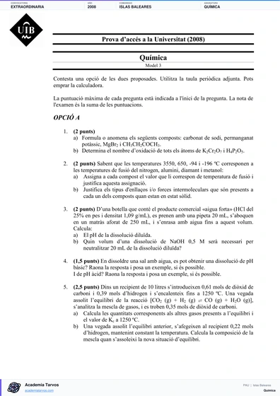 Vista previa de Examen PAU de Química de Illes Balears 2008 – Extraordinaria