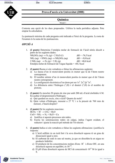 Vista previa de Examen PAU de Química de Illes Balears 2008 – Ordinaria
