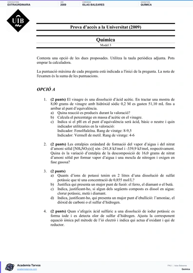 Vista previa de Examen PAU de Química de Illes Balears 2009 – Extraordinaria