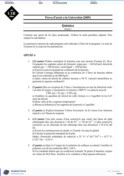 Vista previa de Examen PAU de Química de Illes Balears 2009 – Ordinaria