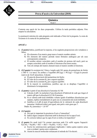 Vista previa de Examen PAU de Química de Illes Balears 2010 – Extraordinaria