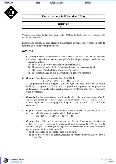 Vista previa de Examen PAU de Química de Illes Balears 2010 – Ordinaria