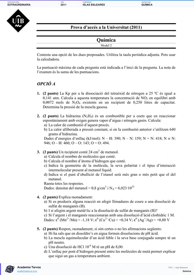 Vista previa de Examen PAU de Química de Illes Balears 2011 – Extraordinaria