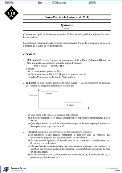 Vista previa de Examen PAU de Química de Illes Balears 2011 – Ordinaria