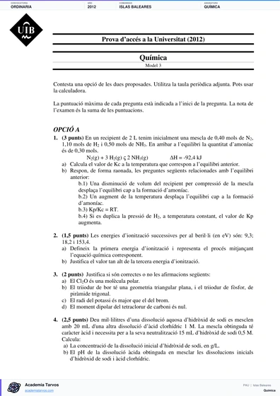 Vista previa de Examen PAU de Química de Illes Balears 2012 – Ordinaria