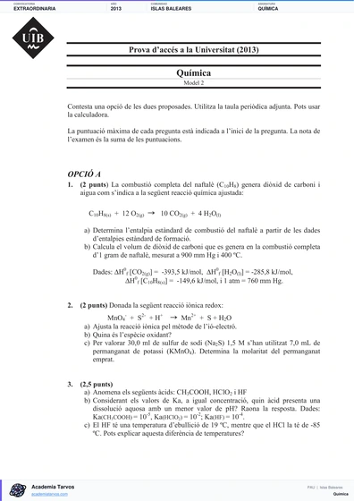 Vista previa de Examen PAU de Química de Illes Balears 2013 – Extraordinaria