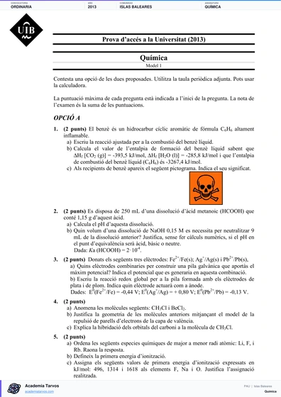 Vista previa de Examen PAU de Química de Illes Balears 2013 – Ordinaria