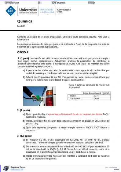 Vista previa de Examen PAU de Química de Illes Balears 2015 – Extraordinaria
