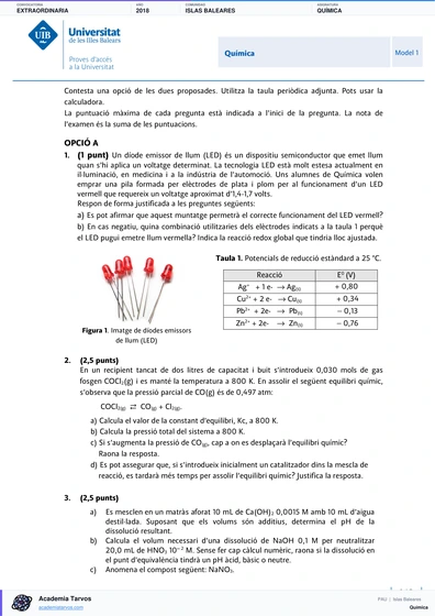 Vista previa de Examen PAU de Química de Illes Balears 2018 – Extraordinaria