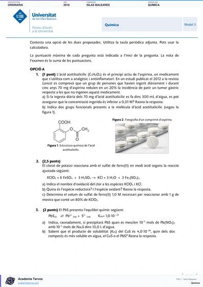 Vista previa de Examen PAU de Química de Illes Balears 2018 – Ordinaria