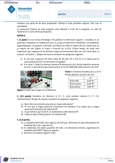 Vista previa de Examen PAU de Química de Illes Balears 2019 – Extraordinaria