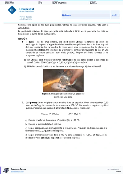 Vista previa de Examen PAU de Química de Illes Balears 2019 – Ordinaria