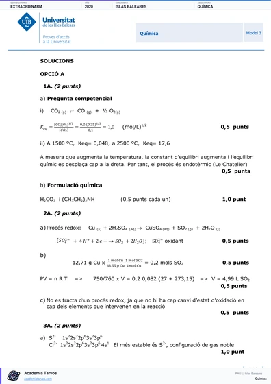 Vista previa de Examen PAU de Química de Illes Balears 2020 – Extraordinaria