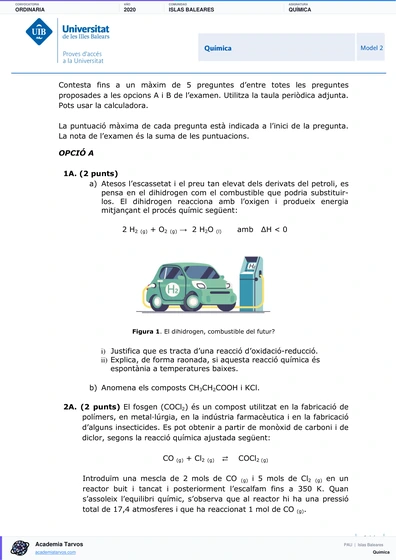 Vista previa de Examen PAU de Química de Illes Balears 2020 – Ordinaria