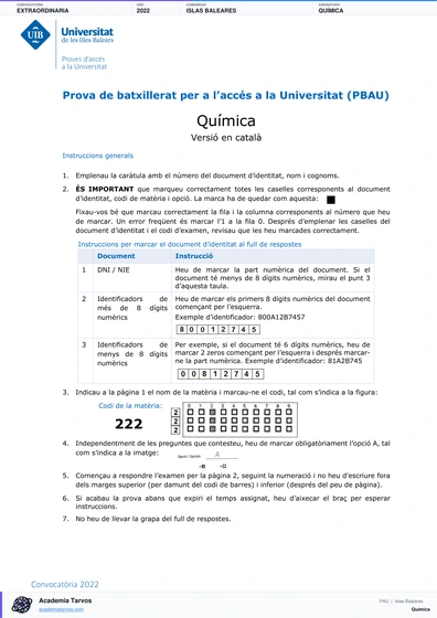 Vista previa de Examen PAU de Química de Illes Balears 2022 – Extraordinaria