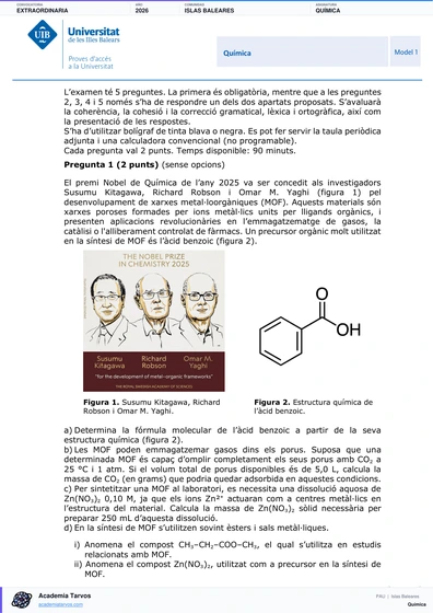 Vista previa de Examen PAU de Química de Illes Balears 2026 – Extraordinaria