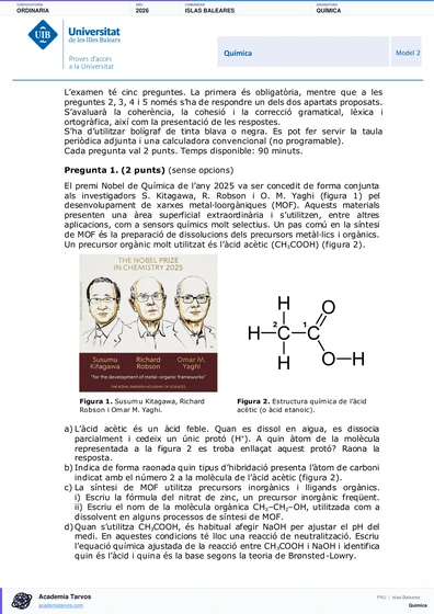 Vista previa de Examen PAU de Química de Illes Balears 2026 – Ordinaria