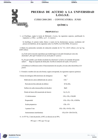 Vista previa de Examen PAU de Química de Canarias 2001 – Ordinaria