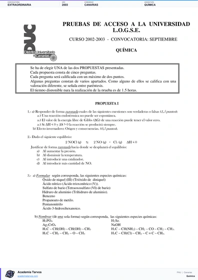 Vista previa de Examen PAU de Química de Canarias 2003 – Extraordinaria