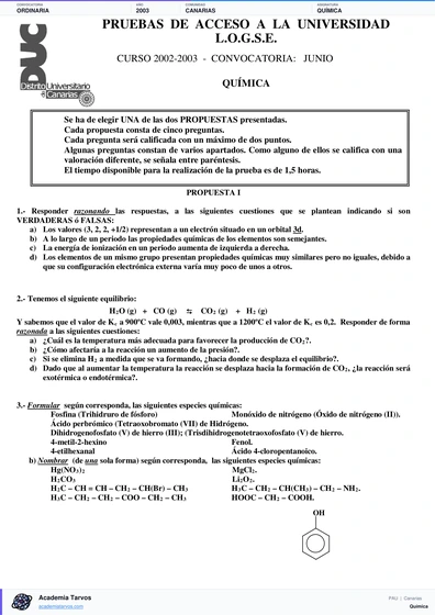Vista previa de Examen PAU de Química de Canarias 2003 – Ordinaria