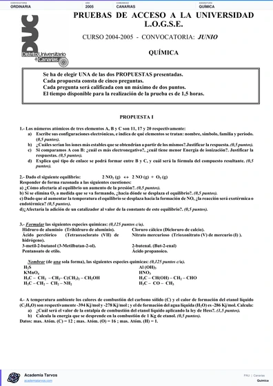 Vista previa de Examen PAU de Química de Canarias 2005 – Ordinaria
