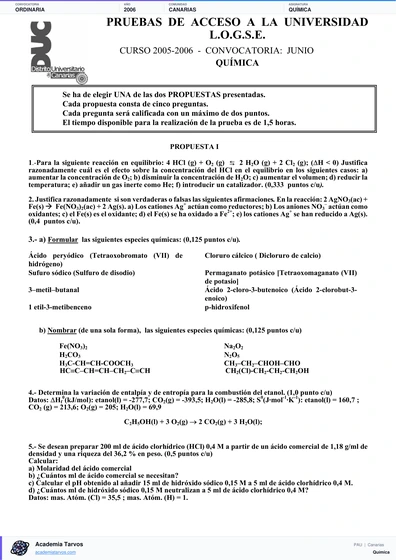 Vista previa de Examen PAU de Química de Canarias 2006 – Ordinaria