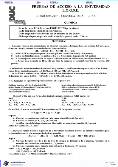 Vista previa de Examen PAU de Química de Canarias 2007 – Ordinaria