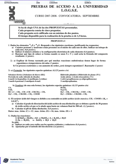 Vista previa de Examen PAU de Química de Canarias 2008 – Extraordinaria