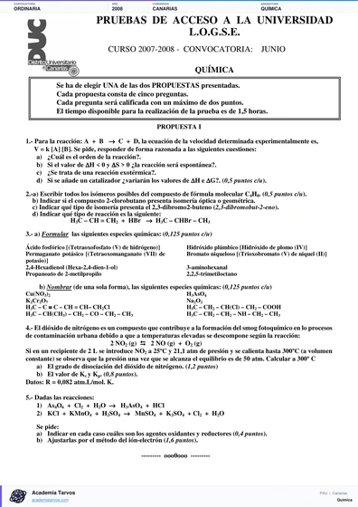 Vista previa de Examen PAU de Química de Canarias 2008 – Ordinaria