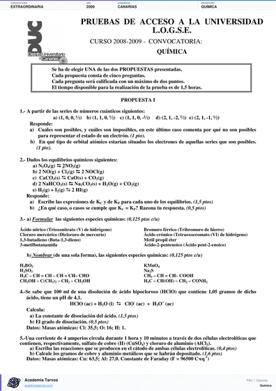 Vista previa de Examen PAU de Química de Canarias 2009 – Extraordinaria