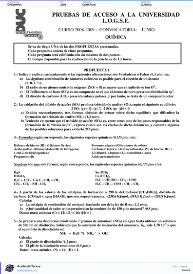 Vista previa de Examen PAU de Química de Canarias 2009 – Ordinaria