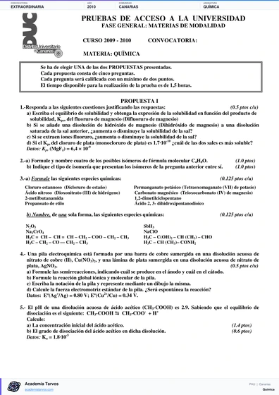 Vista previa de Examen PAU de Química de Canarias 2010 – Extraordinaria