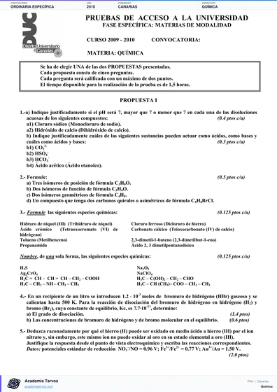 Vista previa de Examen PAU de Química de Canarias 2010 – Ordinaria Específica