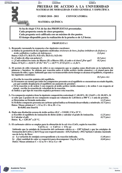 Vista previa de Examen PAU de Química de Canarias 2011 – Extraordinaria
