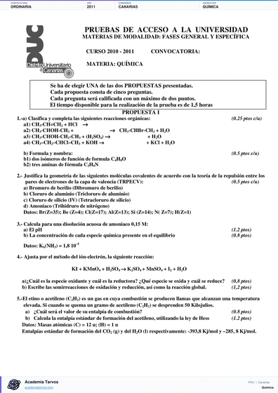 Vista previa de Examen PAU de Química de Canarias 2011 – Ordinaria