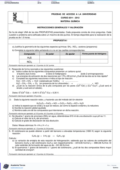 Vista previa de Examen PAU de Química de Canarias 2012 – Extraordinaria