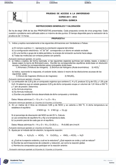 Vista previa de Examen PAU de Química de Canarias 2012 – Ordinaria