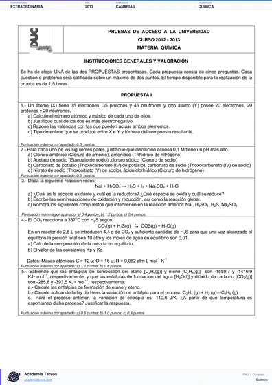 Vista previa de Examen PAU de Química de Canarias 2013 – Extraordinaria