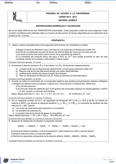 Vista previa de Examen PAU de Química de Canarias 2013 – Ordinaria