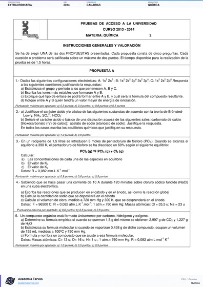Vista previa de Examen PAU de Química de Canarias 2014 – Extraordinaria