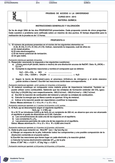 Vista previa de Examen PAU de Química de Canarias 2015 – Extraordinaria